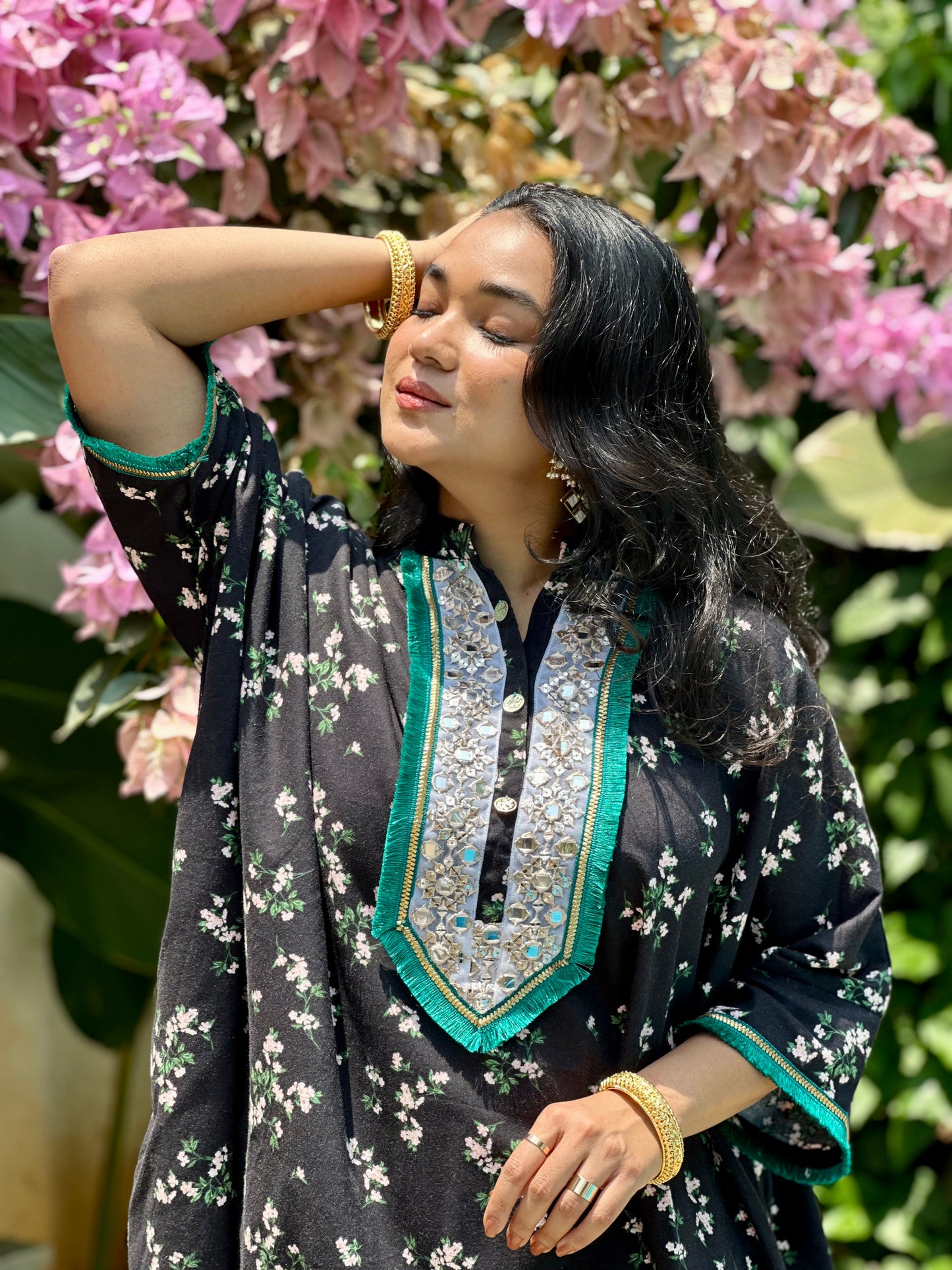 Black Floral Kaftan Tunic & Pant Set