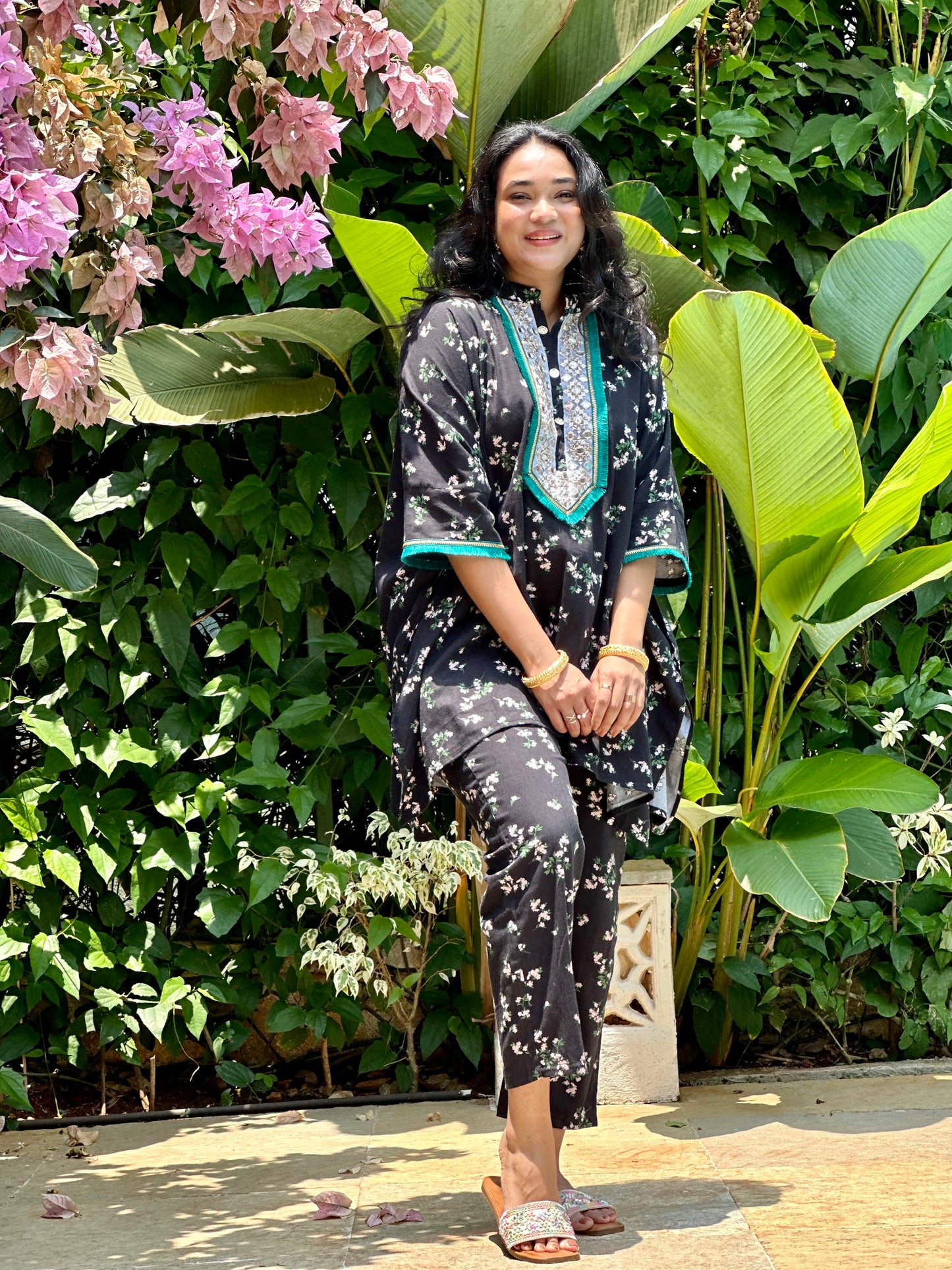 Black Floral Kaftan Tunic & Pant Set