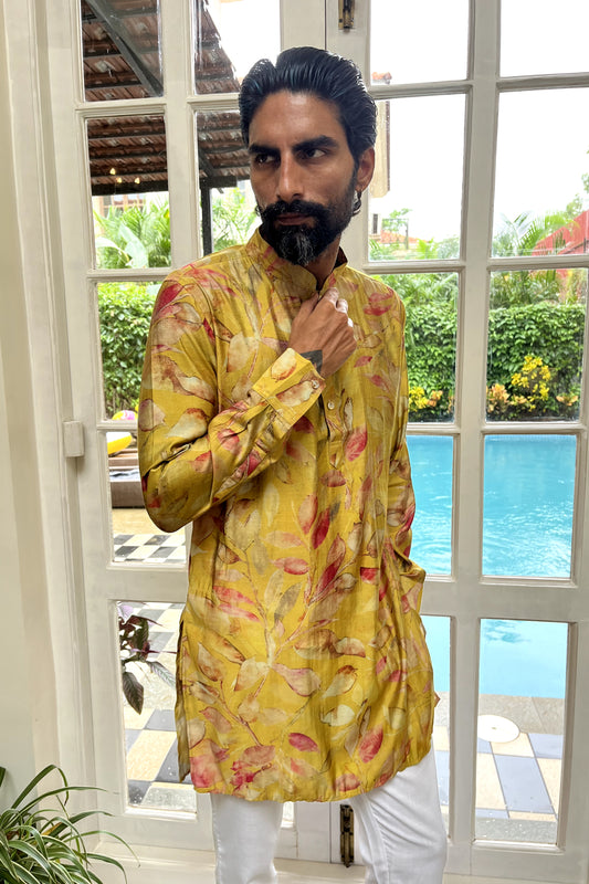 Yellow Printed Blended Silk Kurta Set