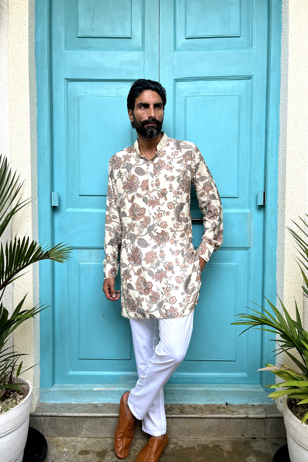 Cream Floral Muslin Silk Kurta Set