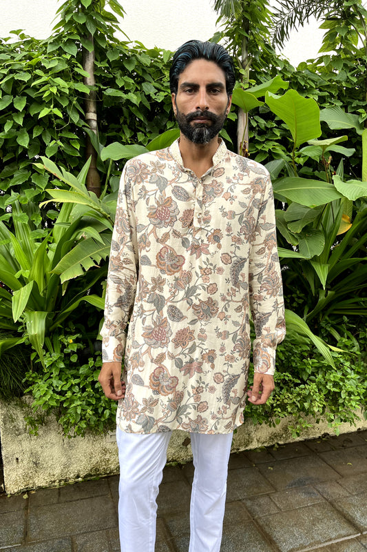 Cream Floral Muslin Silk Kurta Set