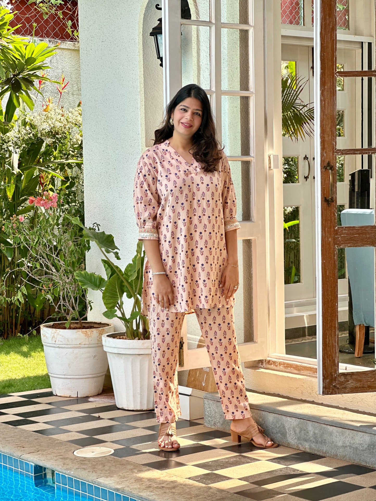 Peach Floral Print Kurta Set