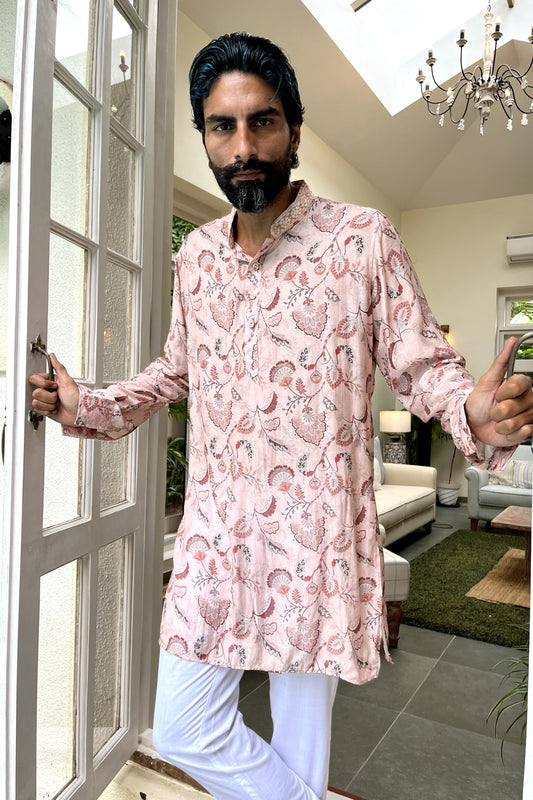 Pink Printed Muslin Silk Kurta Set