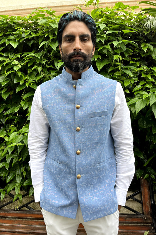 Denim Shimmer Nehru Jacket