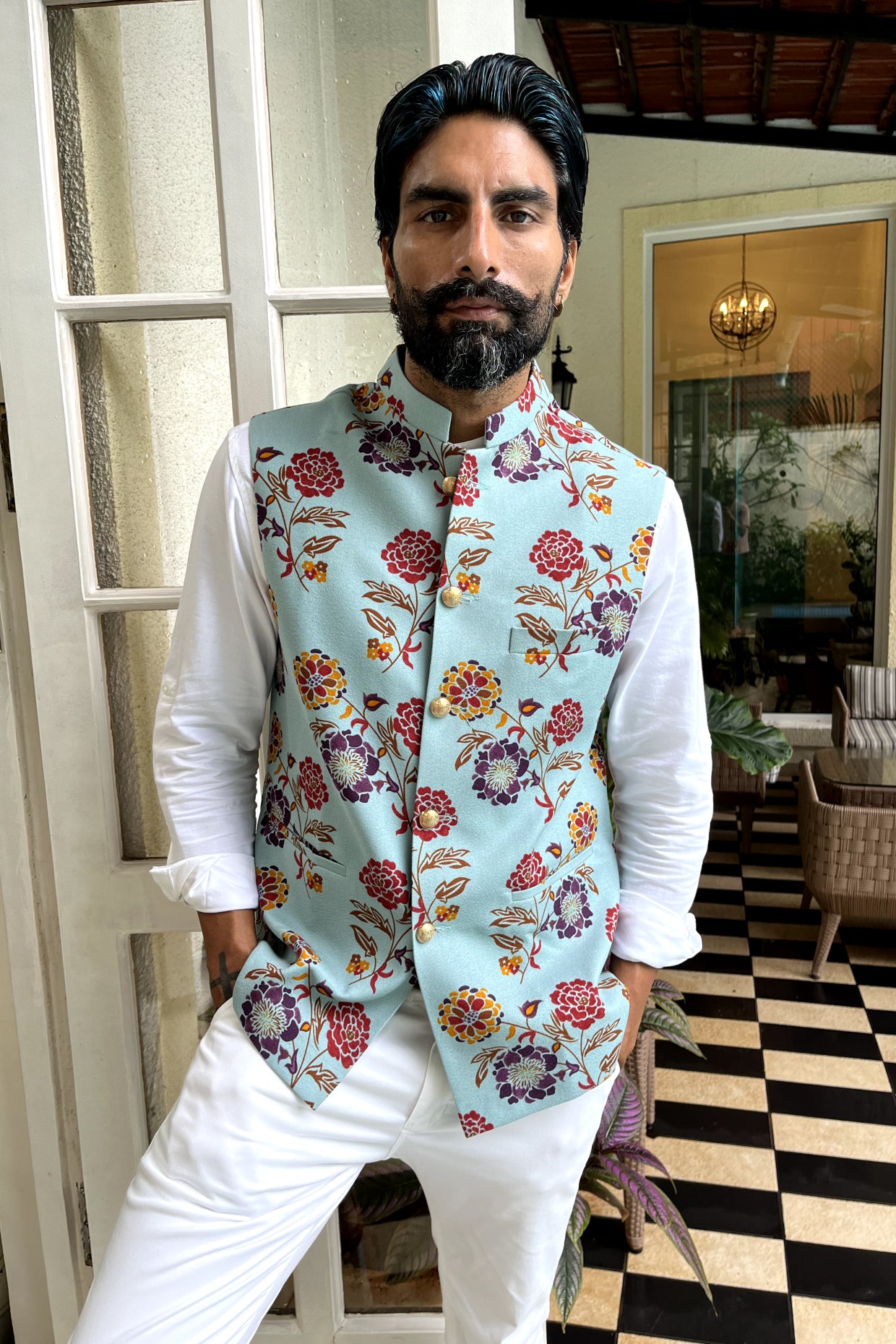 Blue Floral Print Nehru Jacket