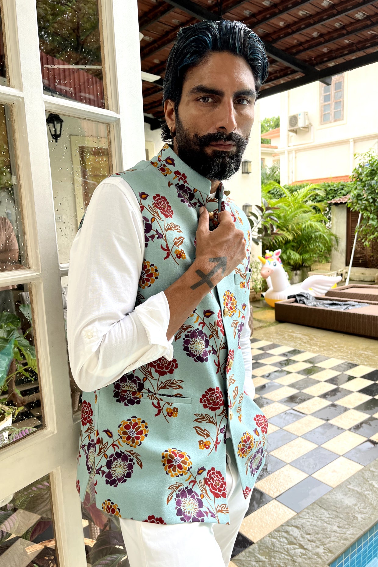 Blue Floral Print Nehru Jacket