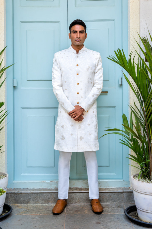 White Lucknowi Embroidered Sherwani Set