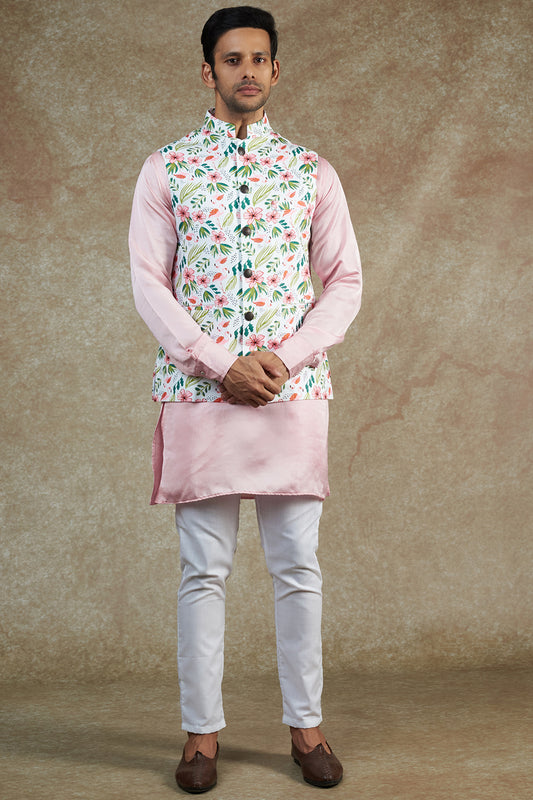 White Floral Print Nehru Jacket with Kurta Set