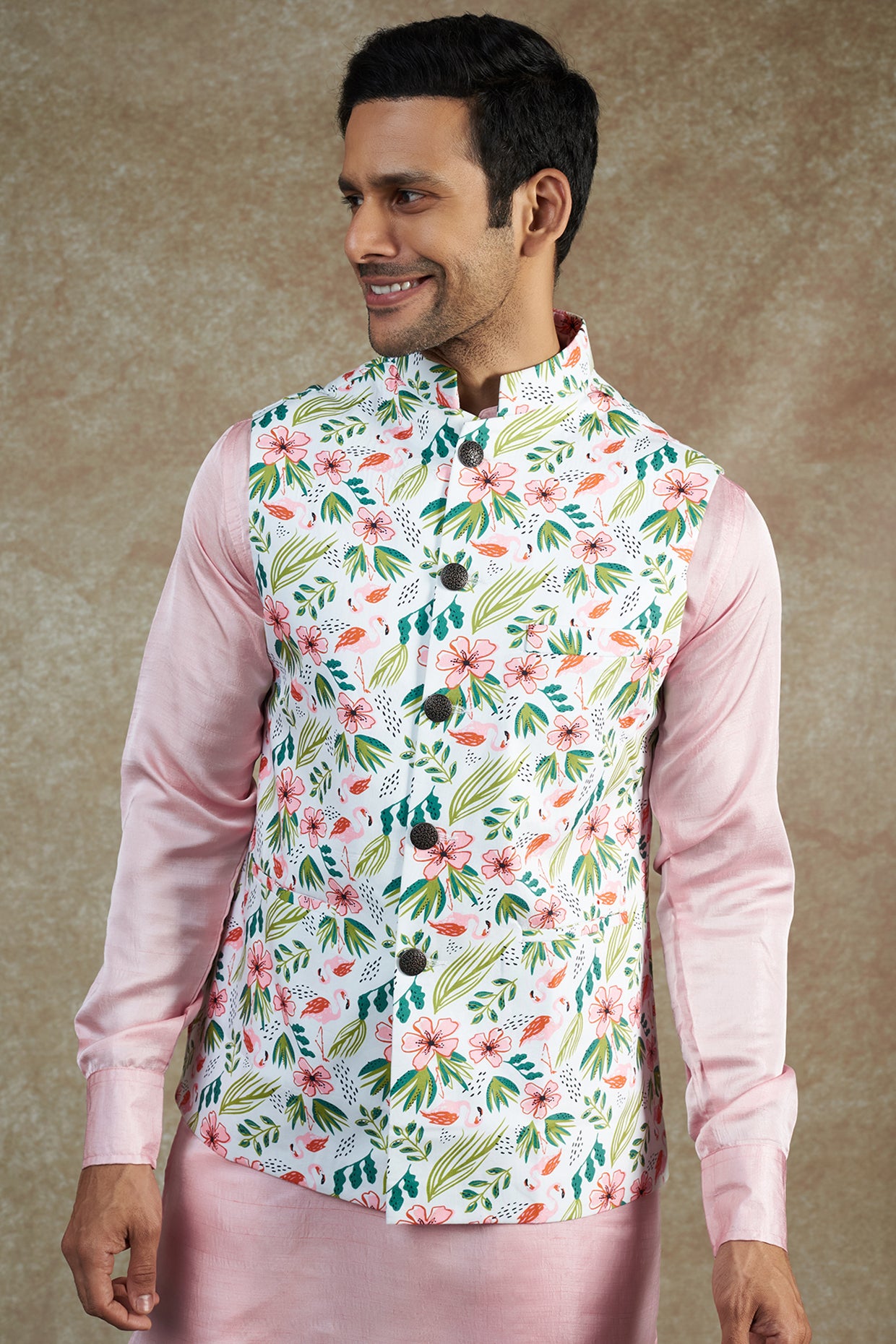 White Floral Print Nehru Jacket with Kurta Set