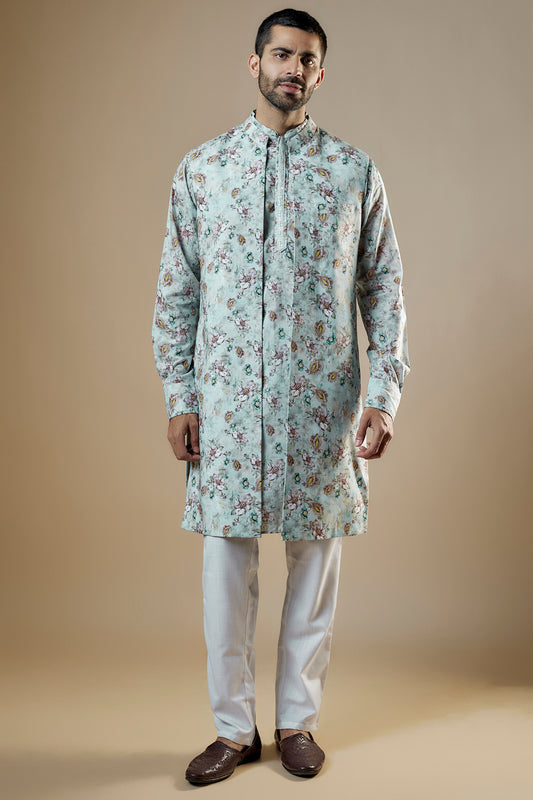 Blue Printed Open Jacket Kurta Set