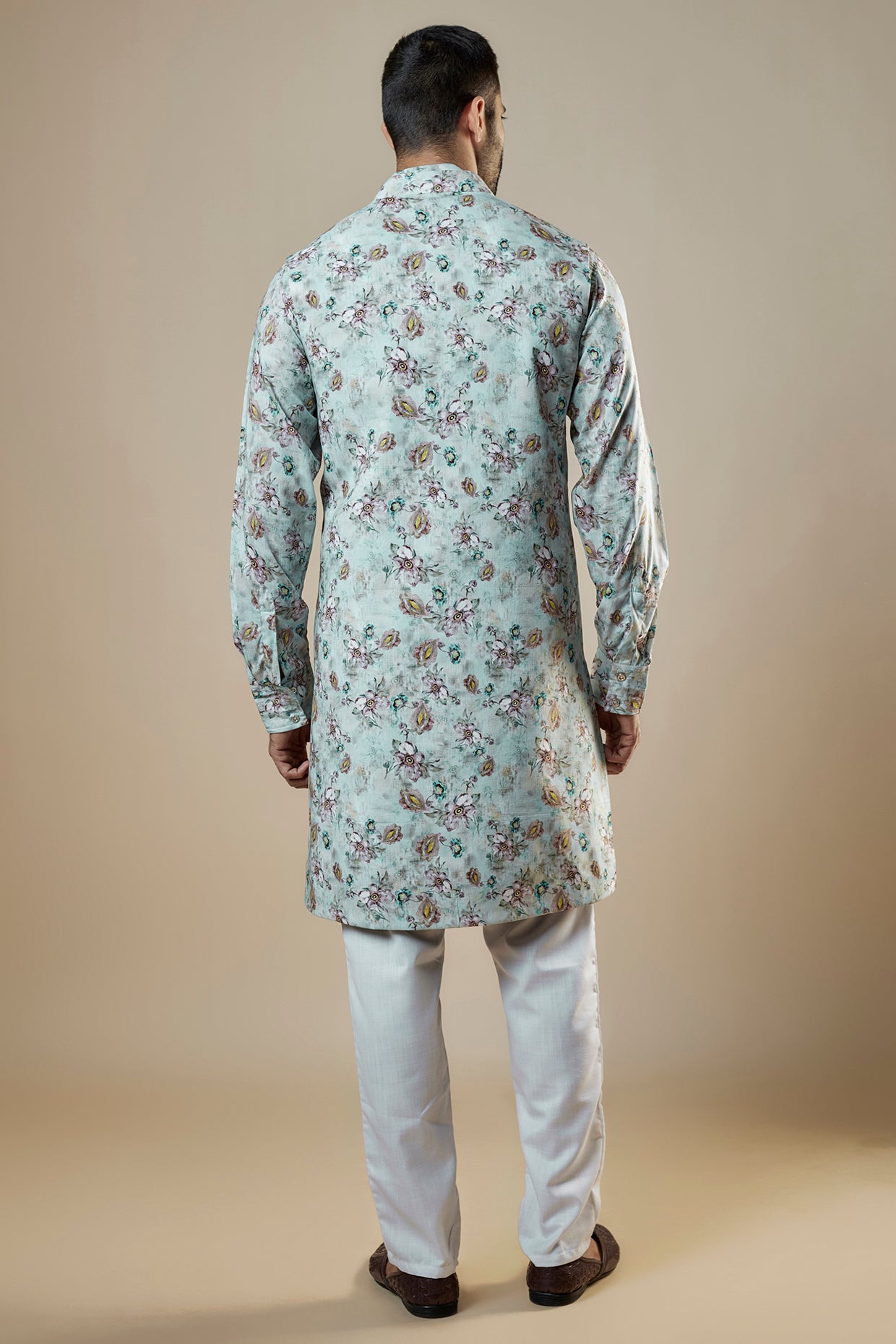 Blue Printed Open Jacket Kurta Set