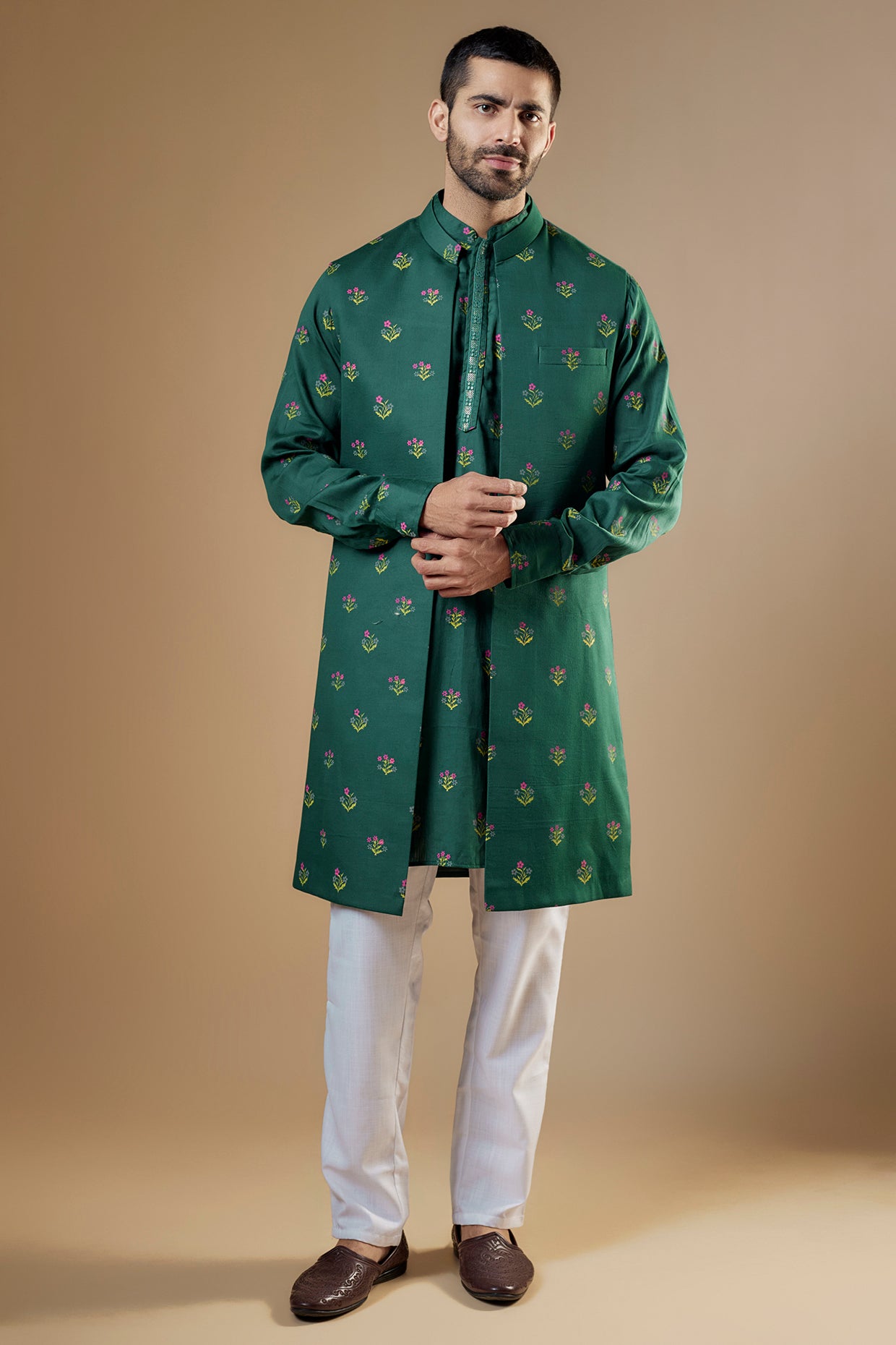 Green Printed Open Jacket Kurta Set