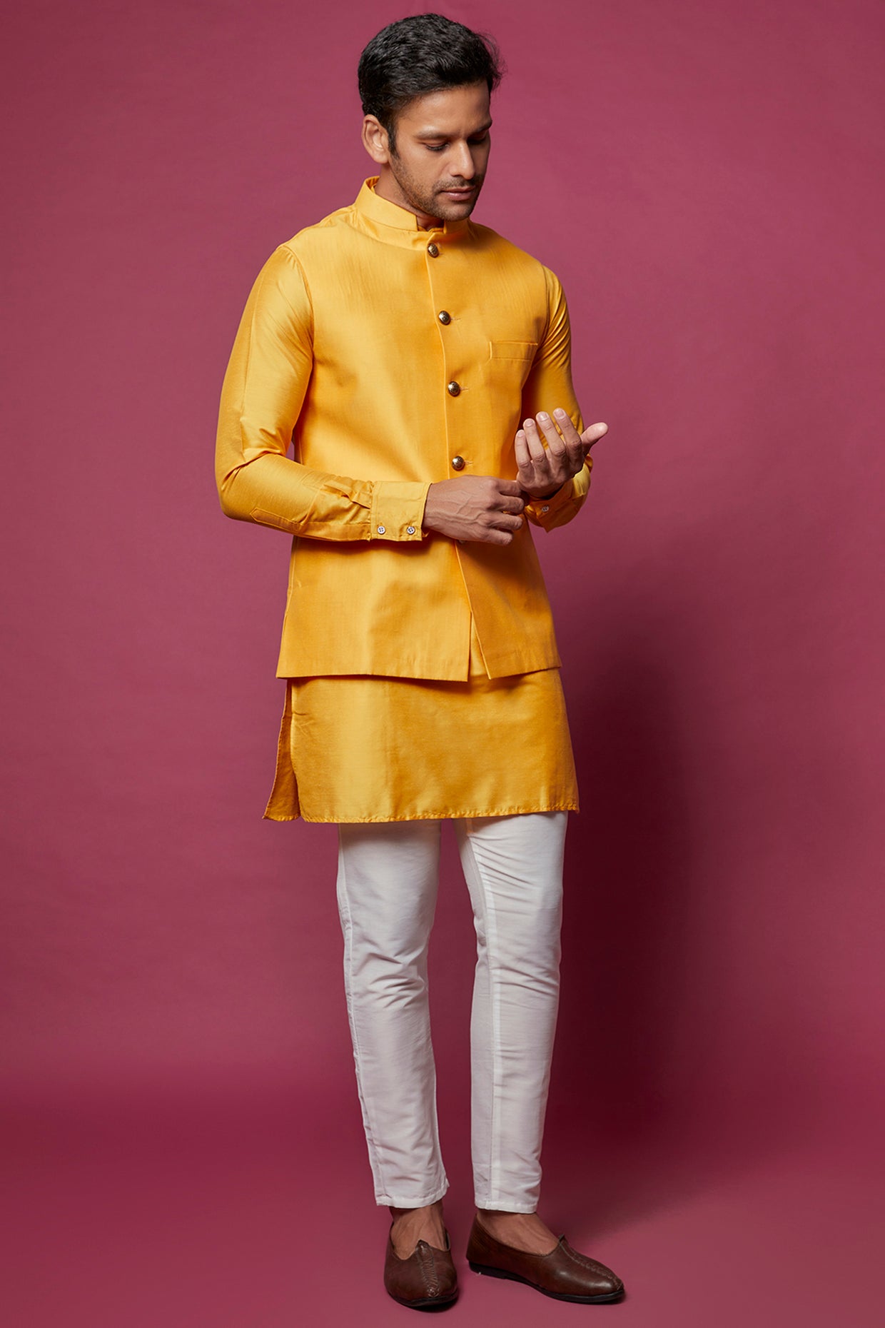 Mustard Cotton Silk Jacket with Kurta Set