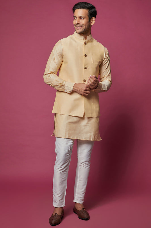 Beige Cotton Silk Jacket with Kurta Set