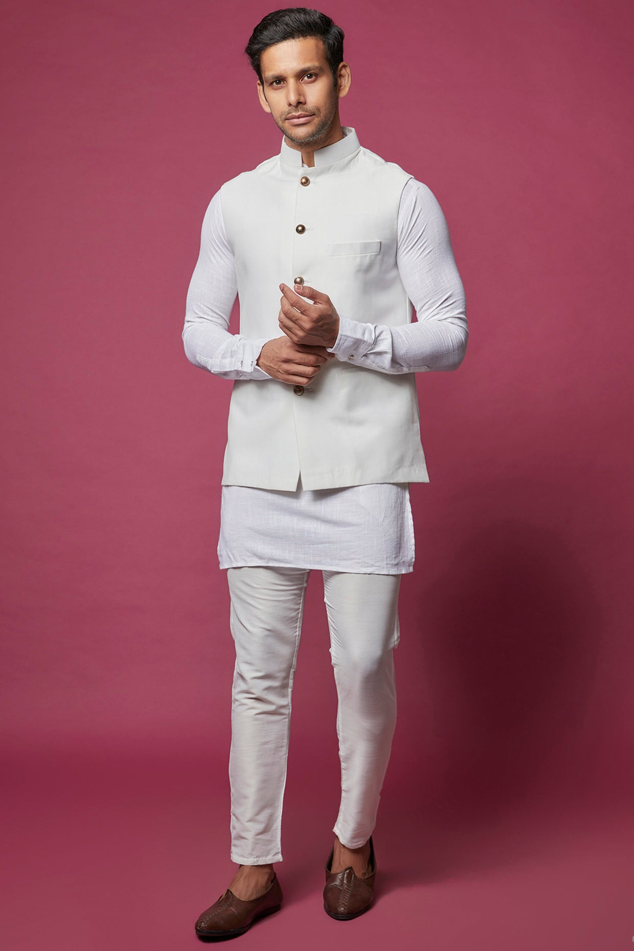 White Cotton Silk Jacket Kurta Set