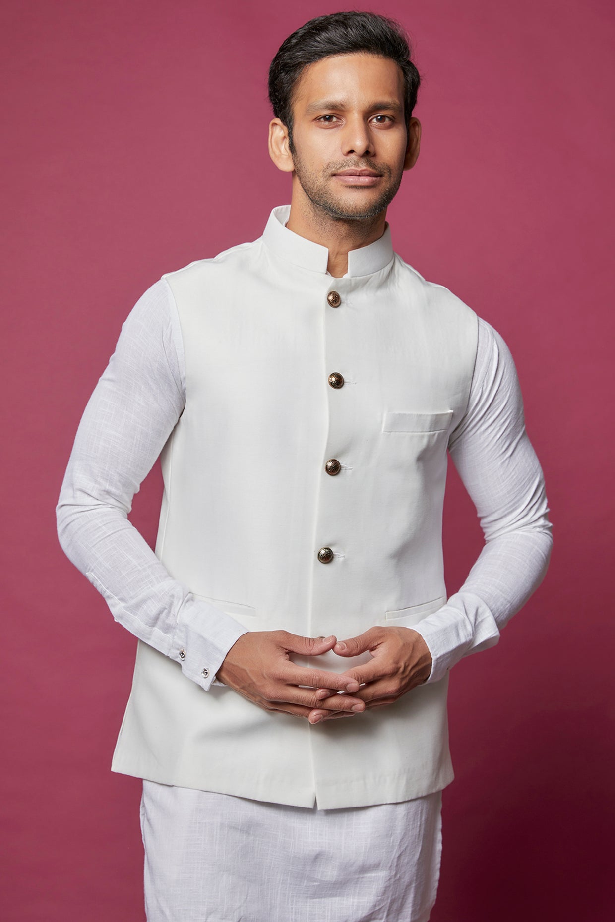 White Cotton Silk Jacket Kurta Set