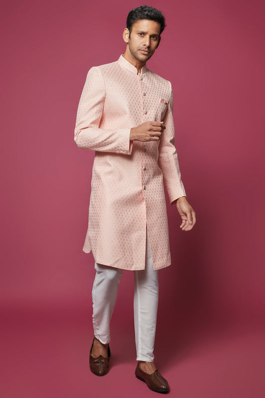 Pink Floral Jacquard Sherwani Set