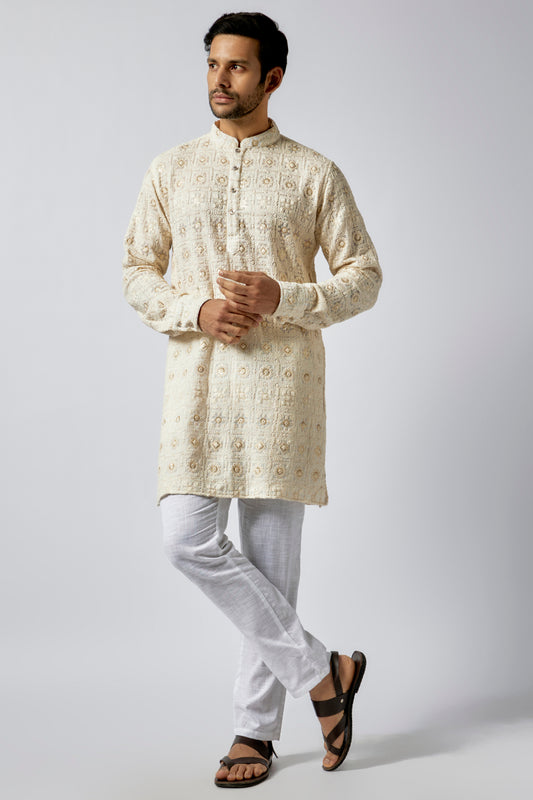 Cream Lucknowi Embroidered Kurta Set