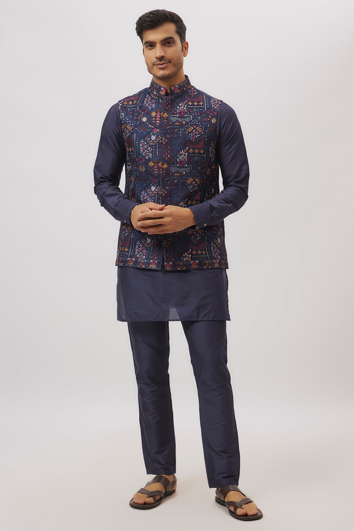 Navy Blue Botanical Embroidery Nehru Jacket