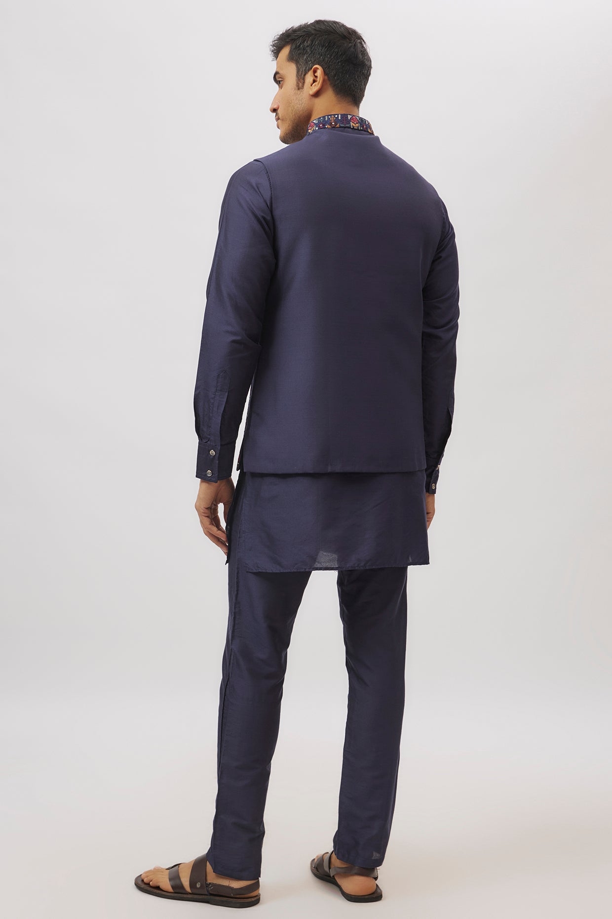 Navy Blue Botanical Embroidery Nehru Jacket