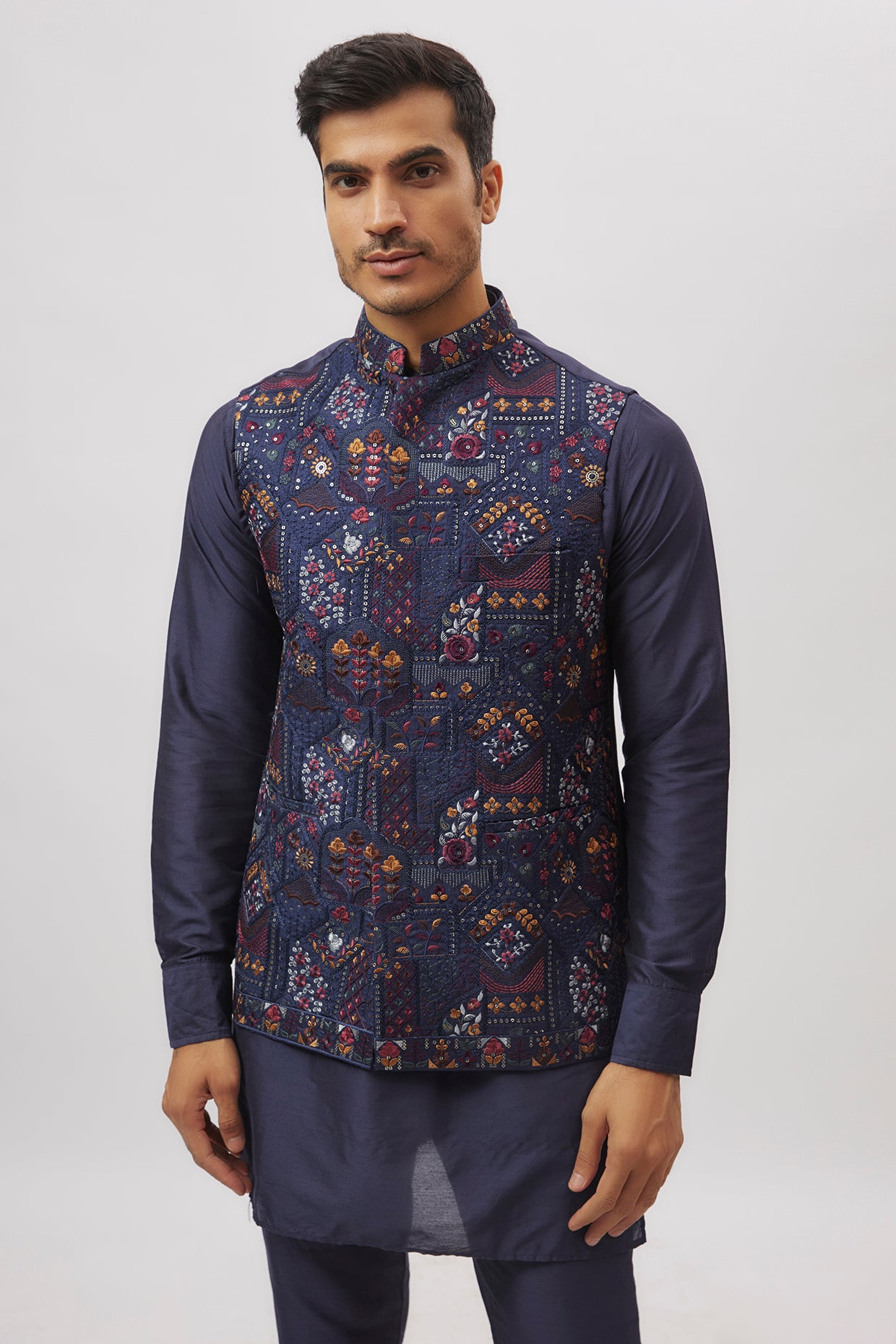 Navy Blue Embroidered Jacket Kurta Set