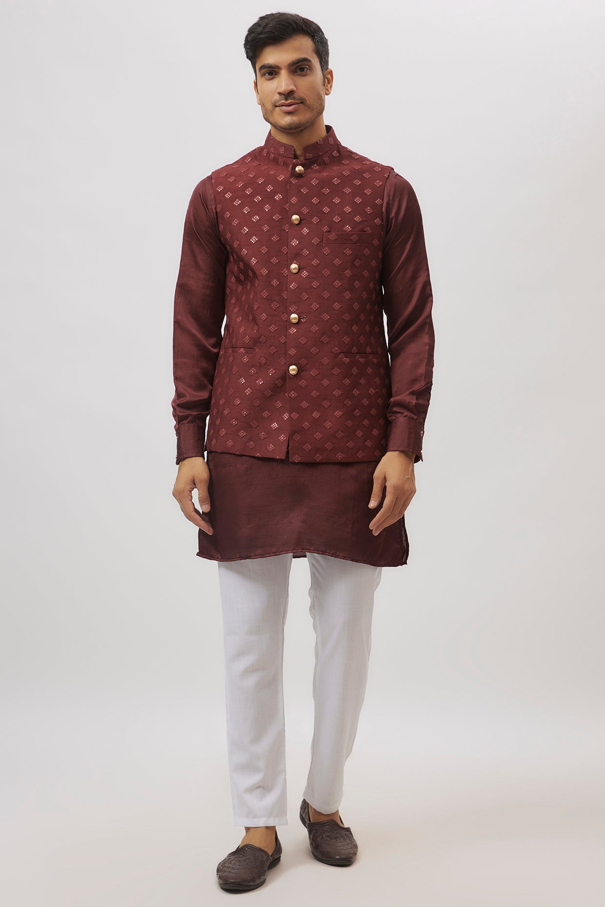 Maroon Embroidered Jacket Kurta Set