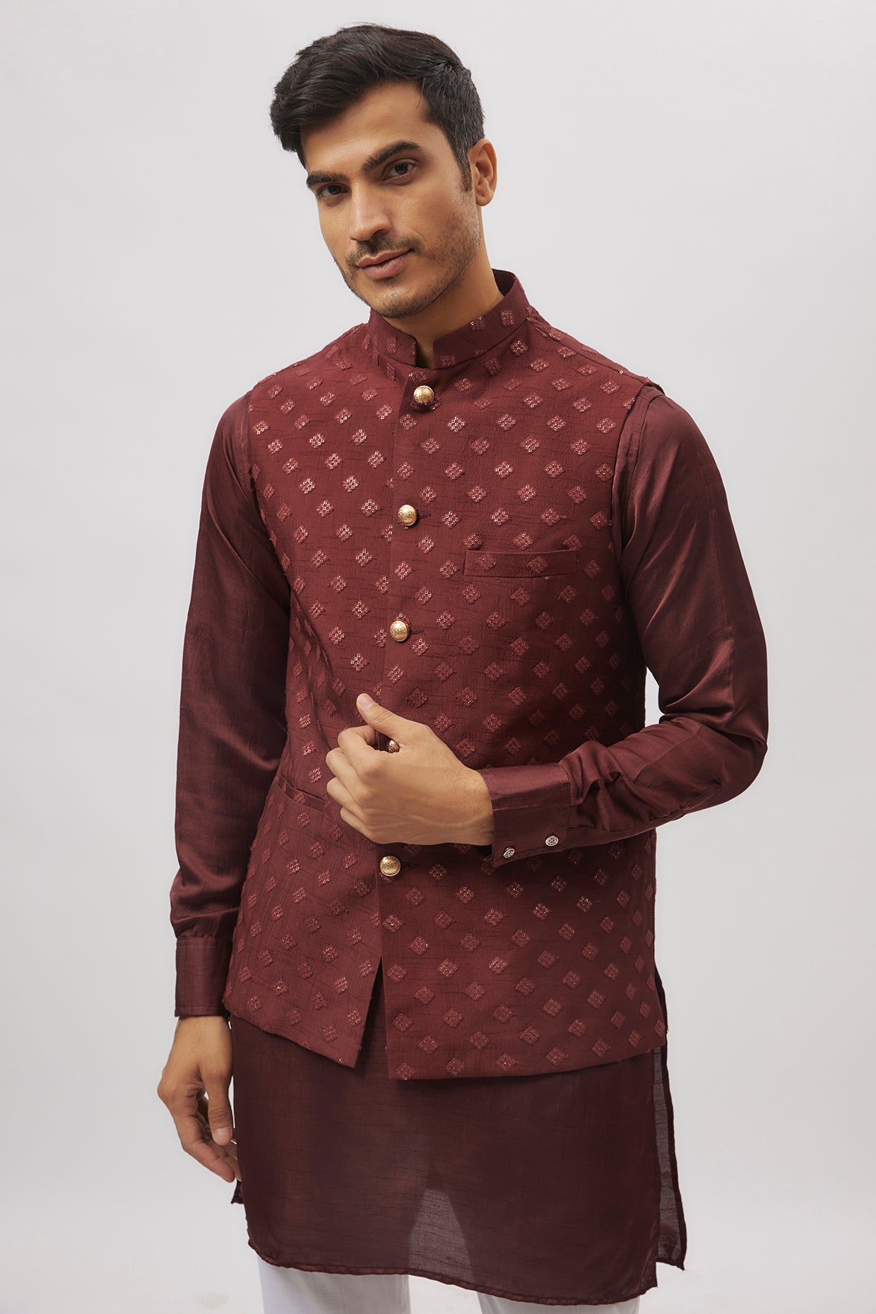 Maroon Embroidered Jacket Kurta Set