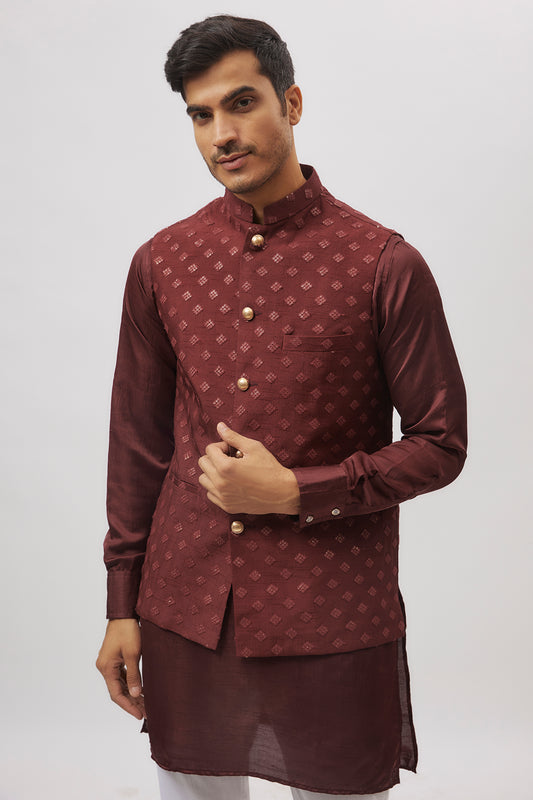 Maroon Embroidered Nehru Jacket