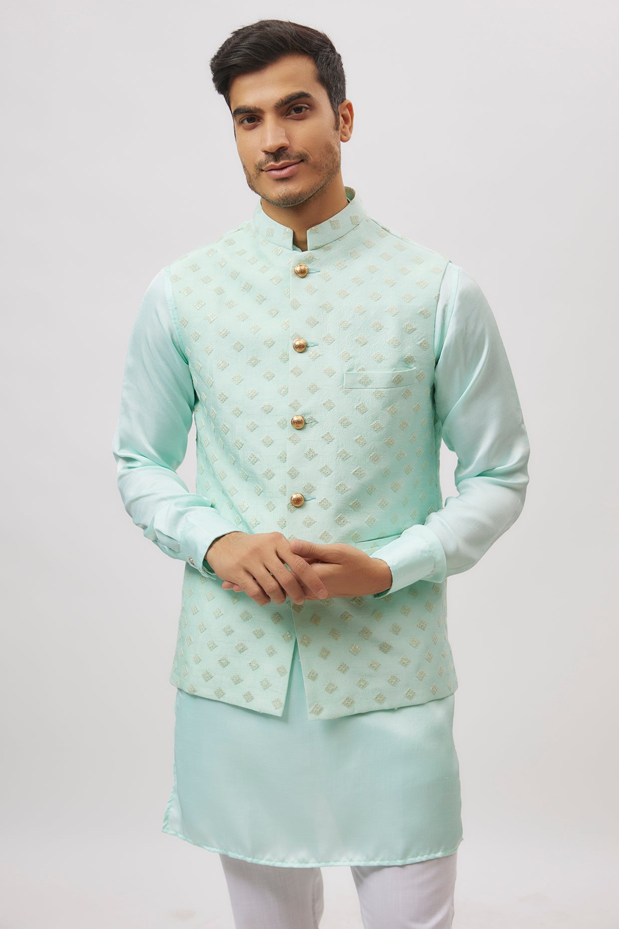 Mint Green Embroidered Jacket Kurta Set