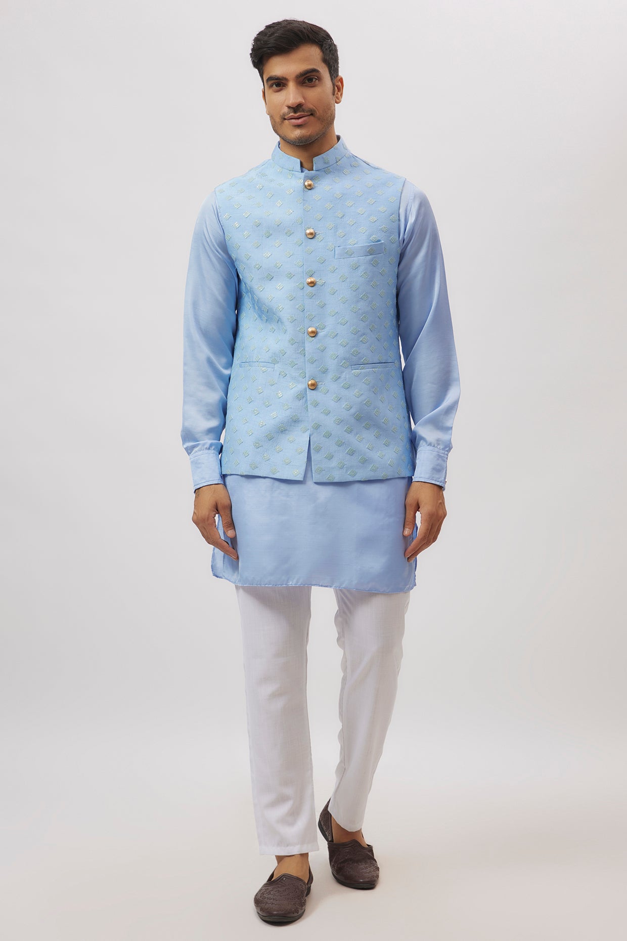 Ice Blue Embroidered Jacket Kurta Set