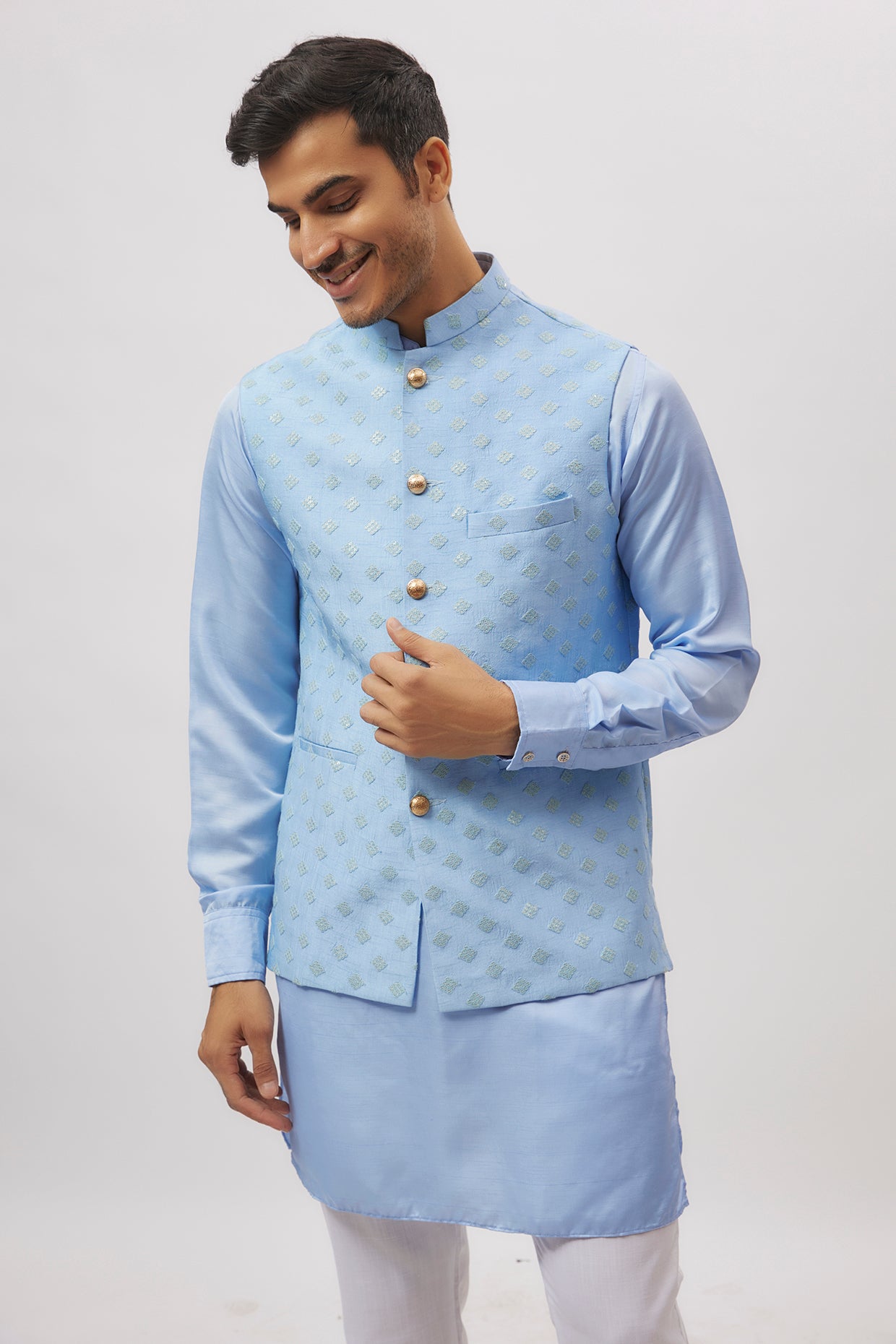 Ice Blue Embroidered Jacket Kurta Set