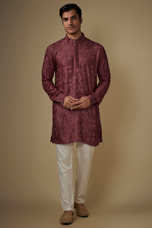 Maroon Lucknowi Embroidered Kurta Set