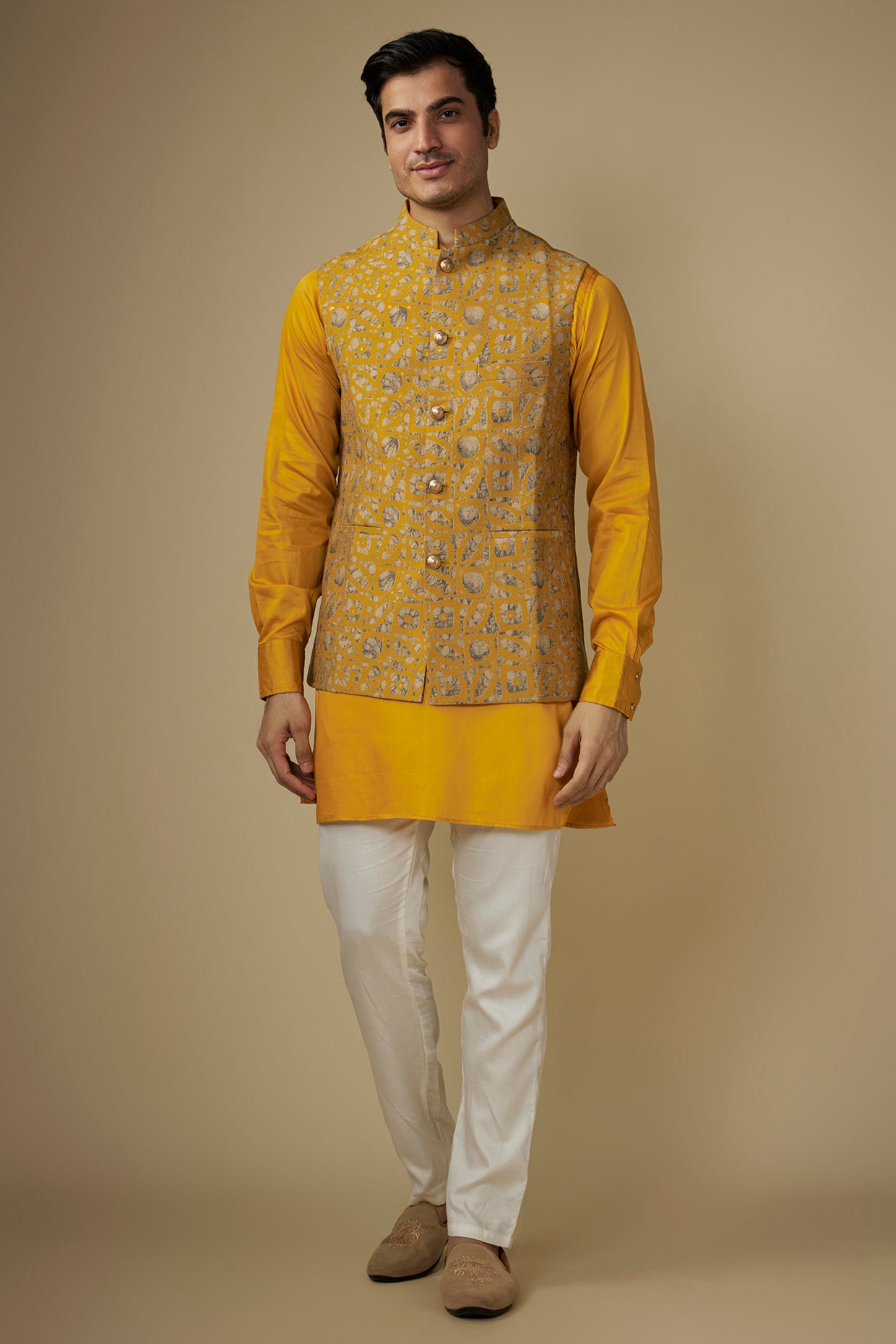 Mustard Digital Print Nehru Jacket