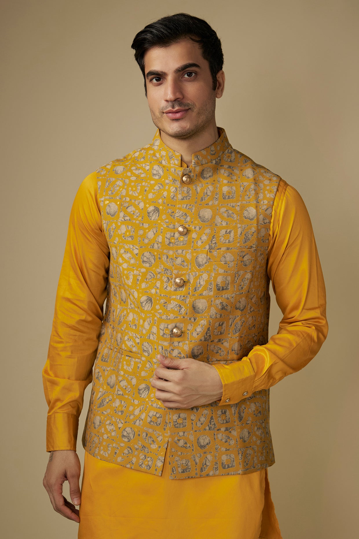 Mustard Printed Jacket Kurta Set