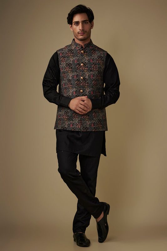 Black Printed Jacket Kurta Set