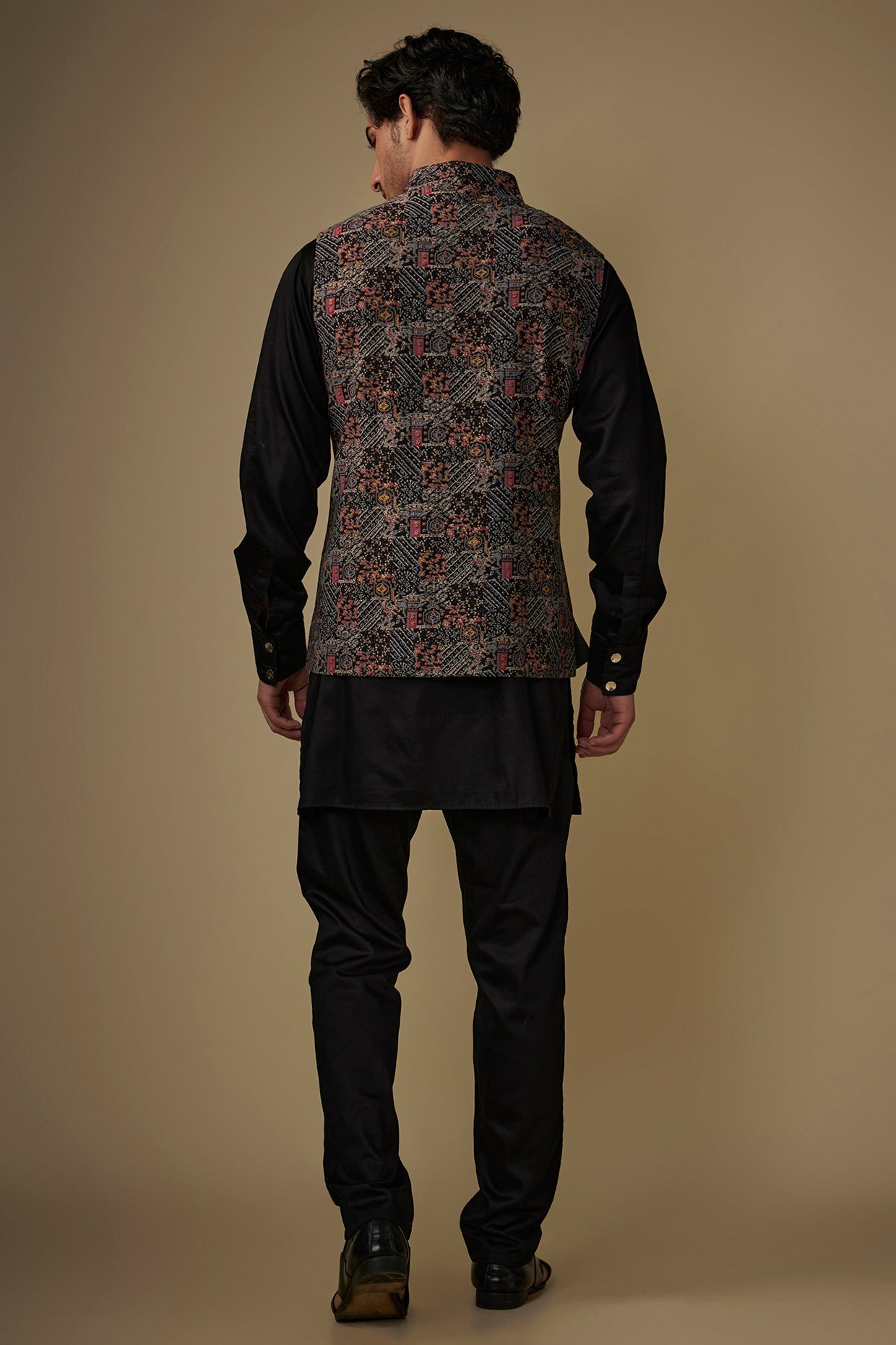 Black Digital Print Nehru Jacket