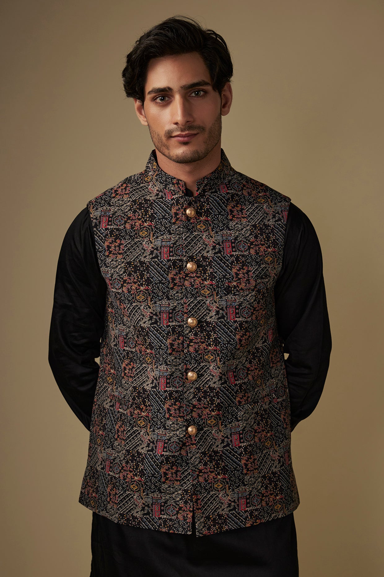 Black Digital Print Nehru Jacket