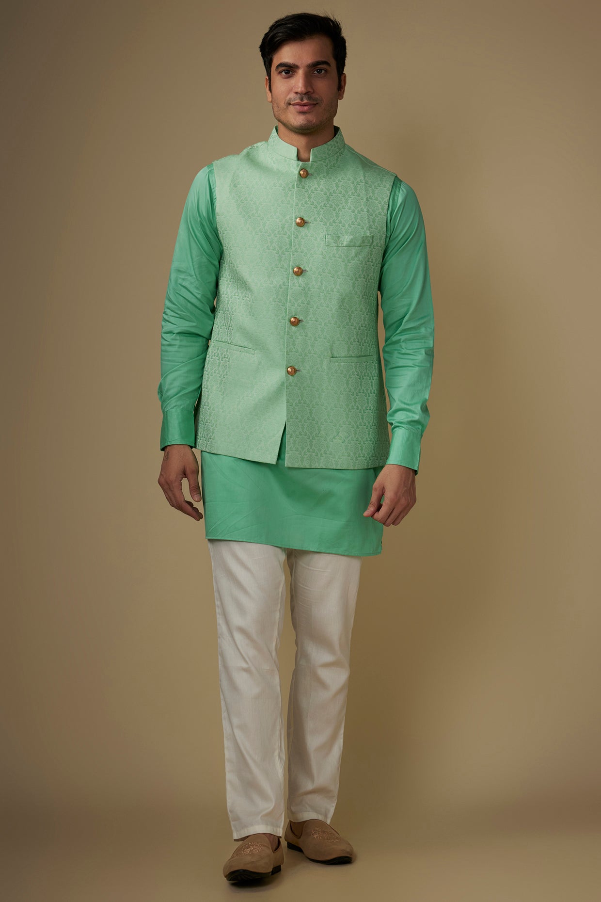 Mint Green Floral Nehru Jacket