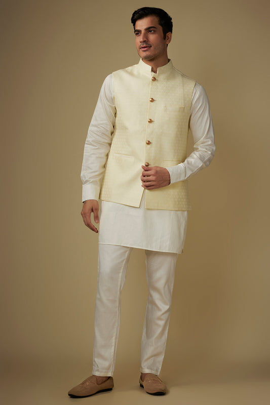 Ivory Floral Jacquard Jacket Kurta Set