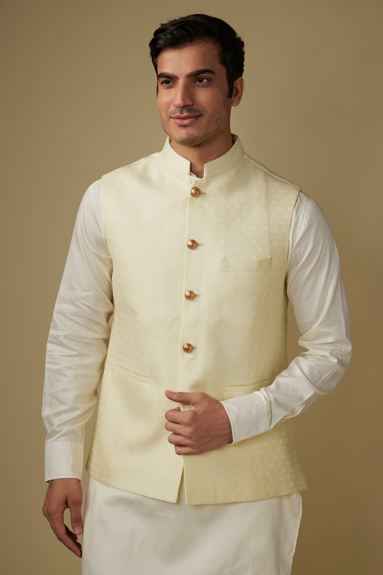 Ivory Floral Jacquard Jacket Kurta Set