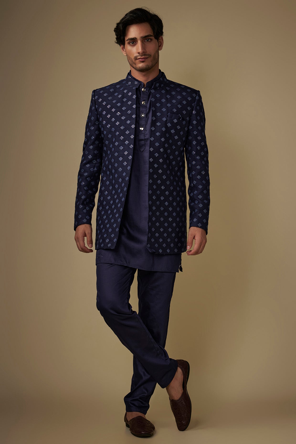 Navy Blue Embroidered Indo Western Set