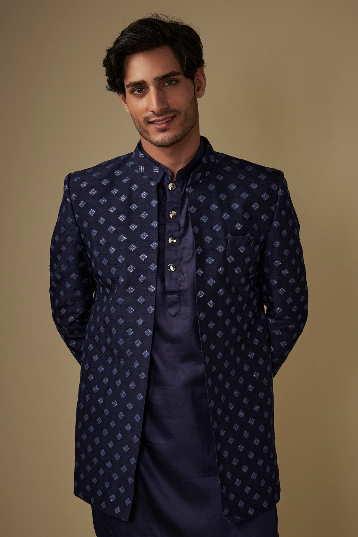 Navy Blue Embroidered Indo Western Set