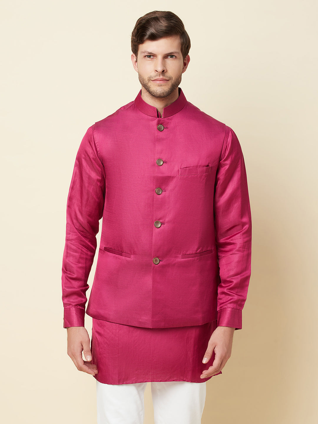 Buy Pink Linen Embroidered Thread Nehru Jacket And Kurta Set For Men by  Kaha Online at Aza Fashions.
