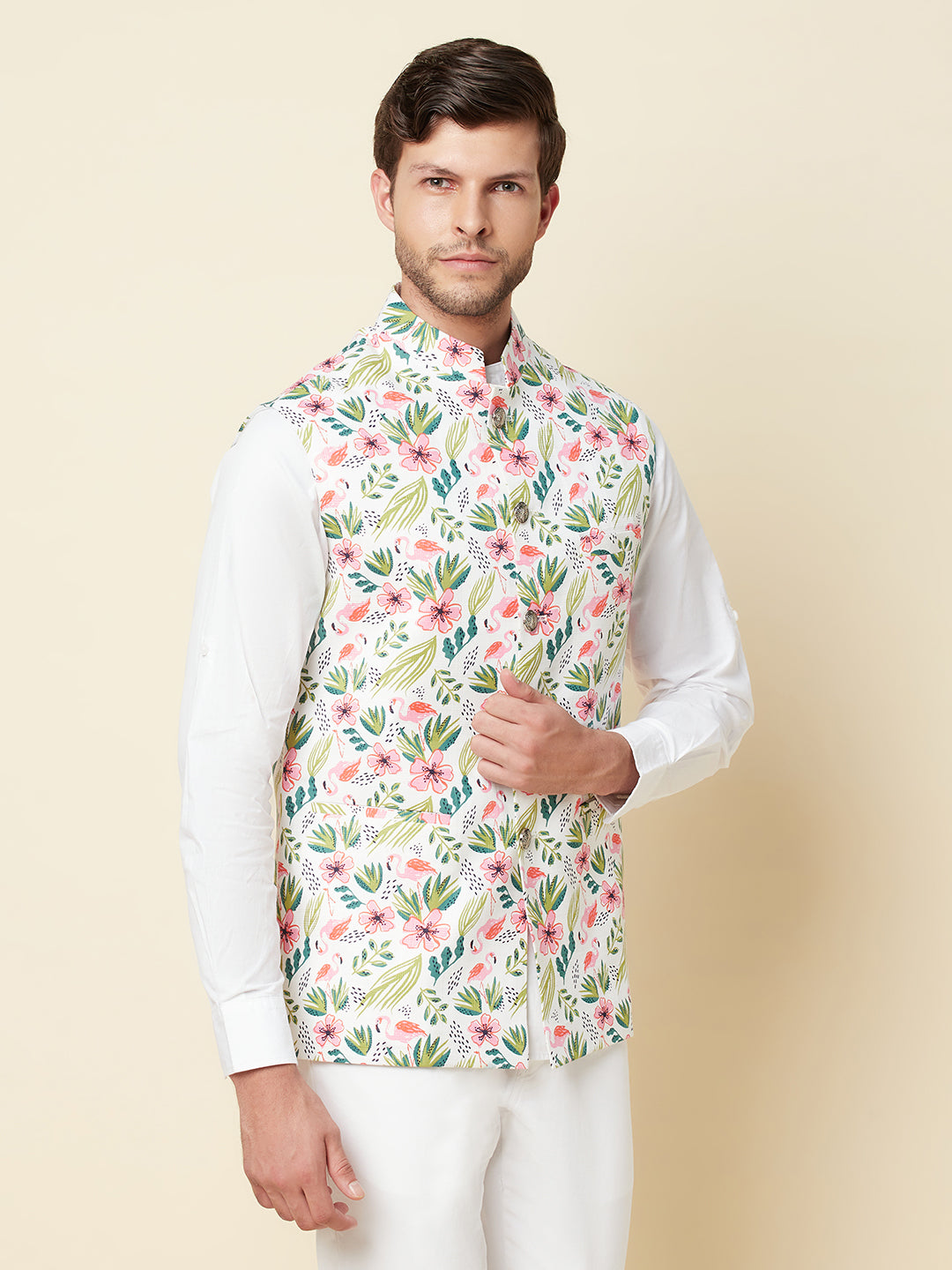 Buy Cream Fall Floral Printed Jacket Online in the UK @Manyavar - Nehru  Jacket for Men