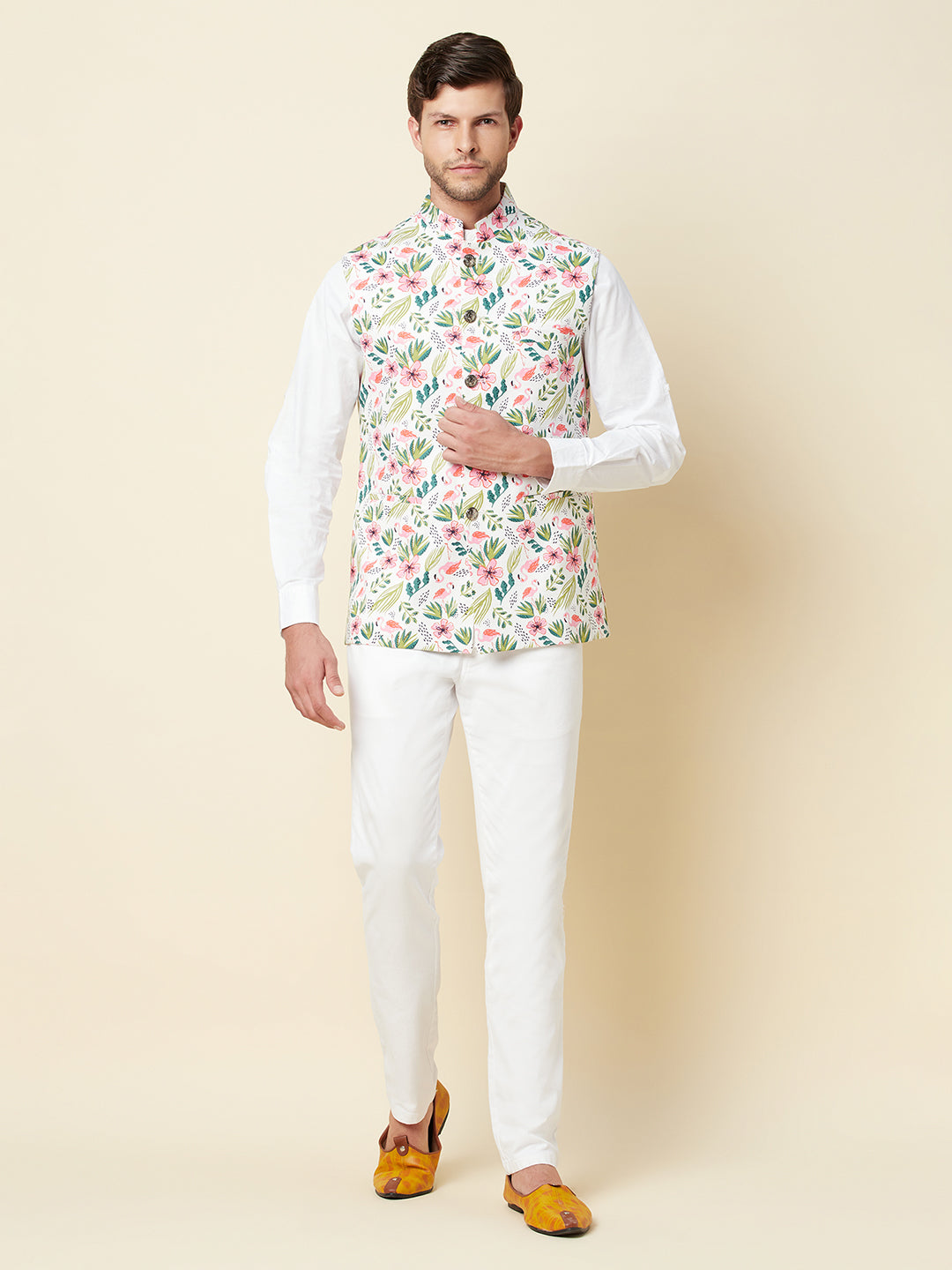 Buy White 100% Cotton Floral Print Nehru Jacket For Men by Spring Break  Online at Aza Fashions.