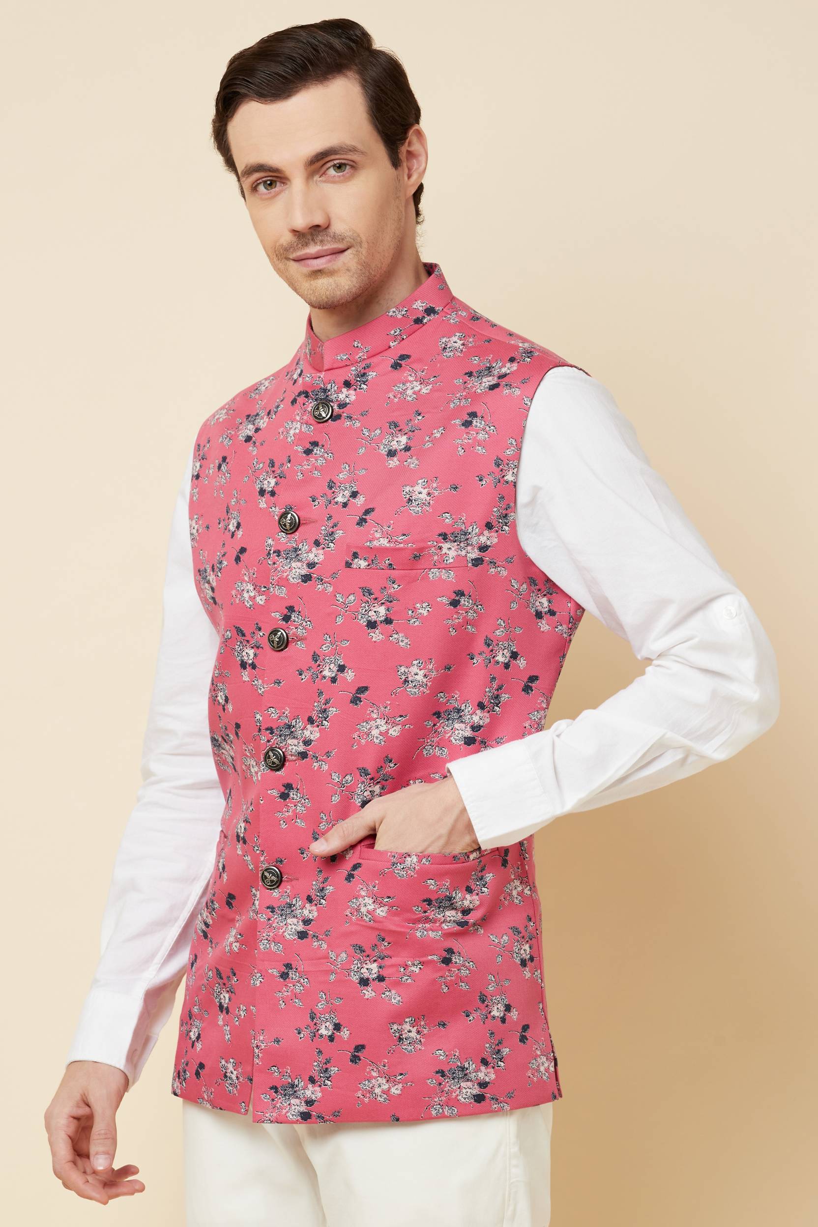 Pink floral nehru outlet jacket