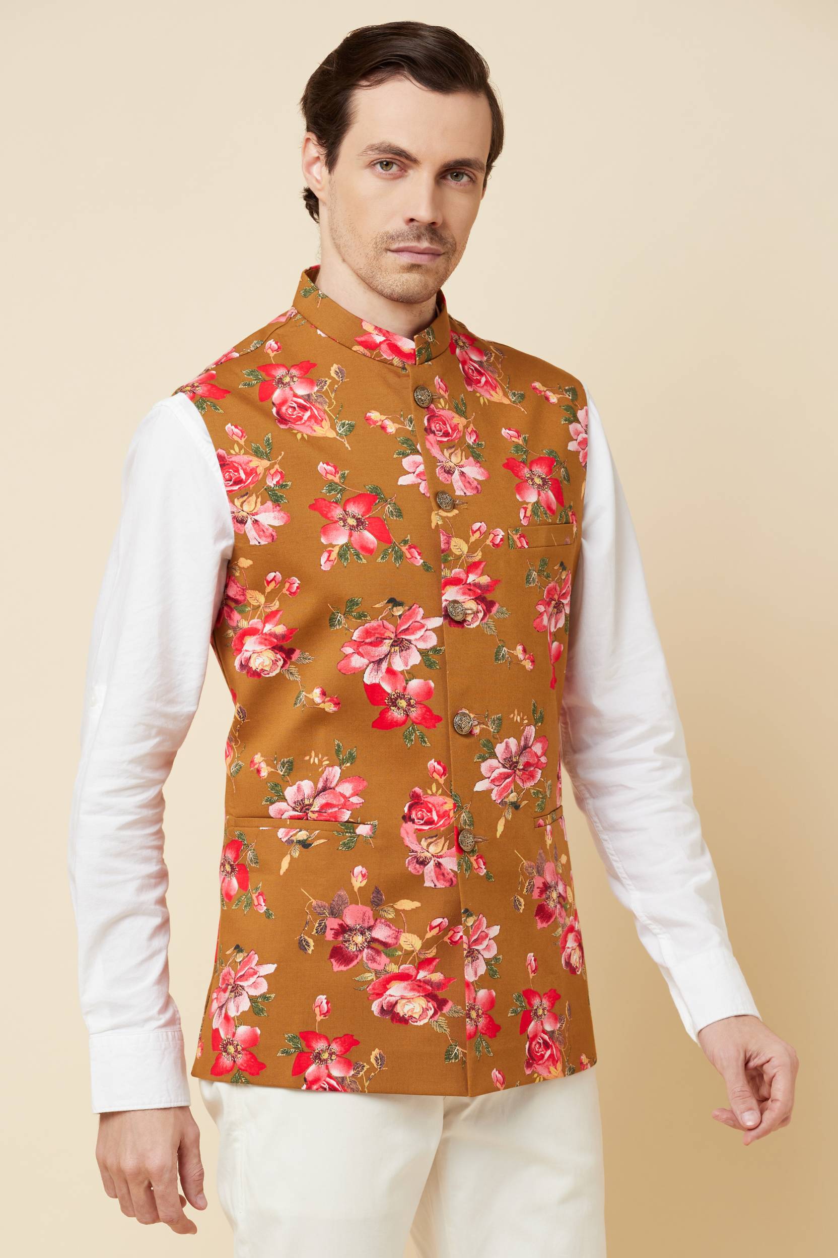 Manyavar Men Pista Green Floral Printed Nehru Jacket - Absolutely Desi