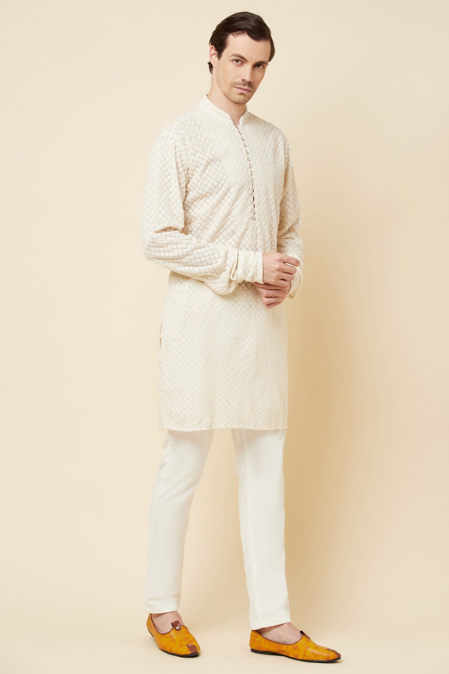 White Lucknowi Embroidered Sequin Kurta Set - Spring Break