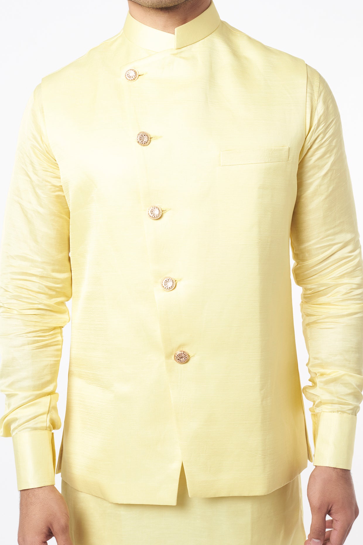 Buy Canary Yellow Embroidered Jacket Kurta Set In Silk