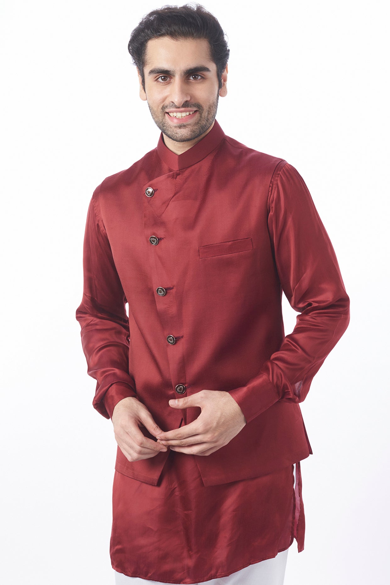 Buy Asymmetric Panelled Nehru Jacket with Striped Cowl Kurta and Chudidar  by QBIK MEN at Ogaan Online Shopping Site